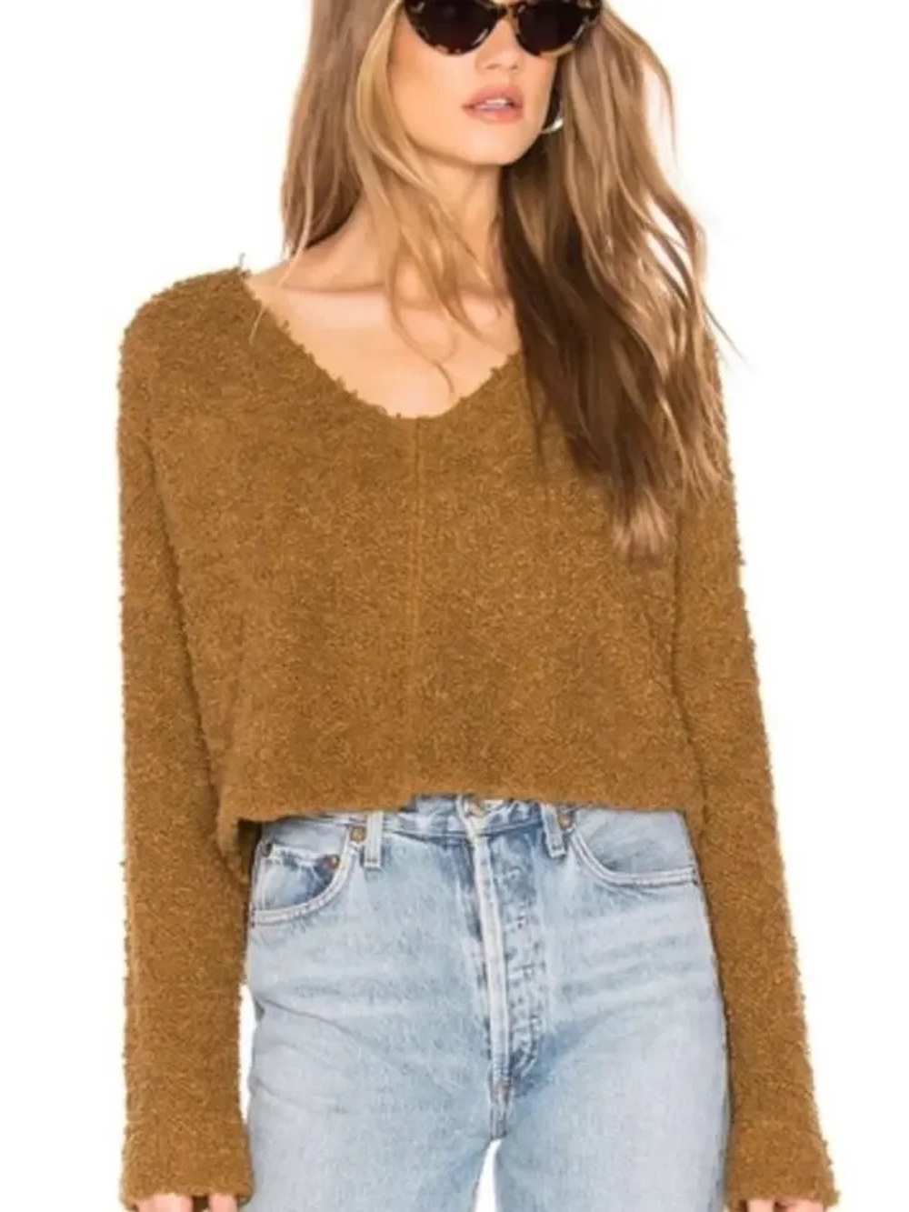 Free People Found My Friend V-Neck Popcorn Boucle Sweater Brown Size M